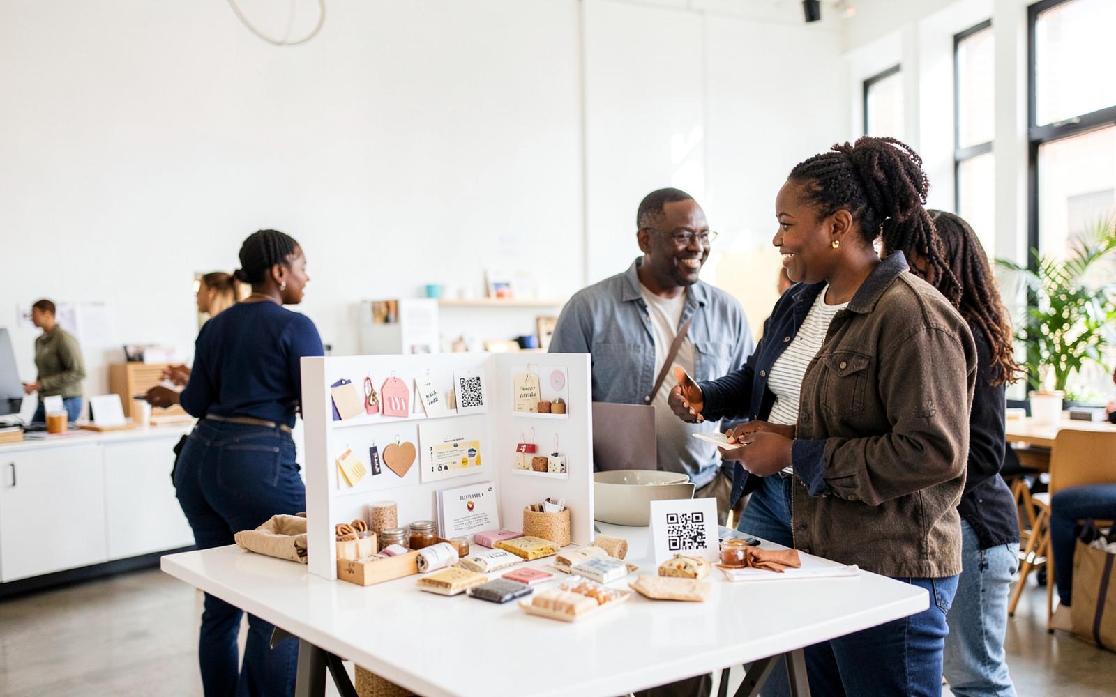 Entrepreneurs presenting products at a community marketplace stand